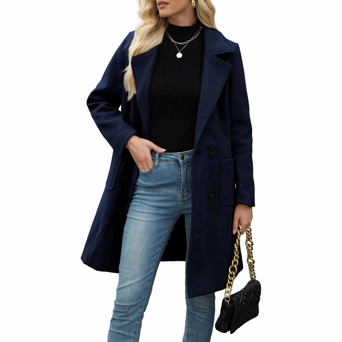 TanmingWomen's Fitted Wool-Blend V-Neck Long-Sleeve Peacoat