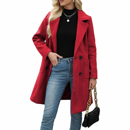 TanmingWomen's Fitted Wool-Blend V-Neck Long-Sleeve Peacoat