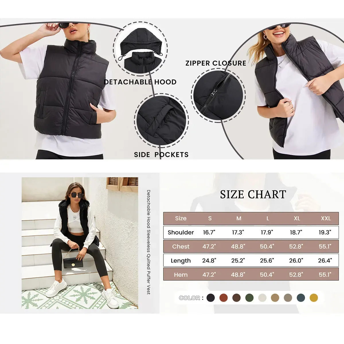 Women's Lightweight Quilted Puffer Vest with Detachable Hood