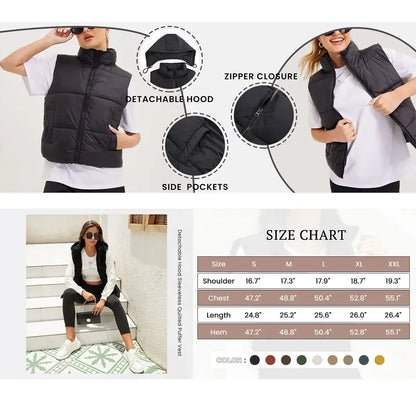 Women's Lightweight Quilted Puffer Vest with Detachable Hood