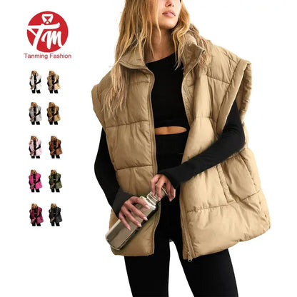 Tanming Women’s Oversized Quilted Puffer Vest with Stand Collar and Pockets