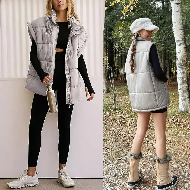 Tanming Women’s Oversized Quilted Puffer Vest with Stand Collar and Pockets