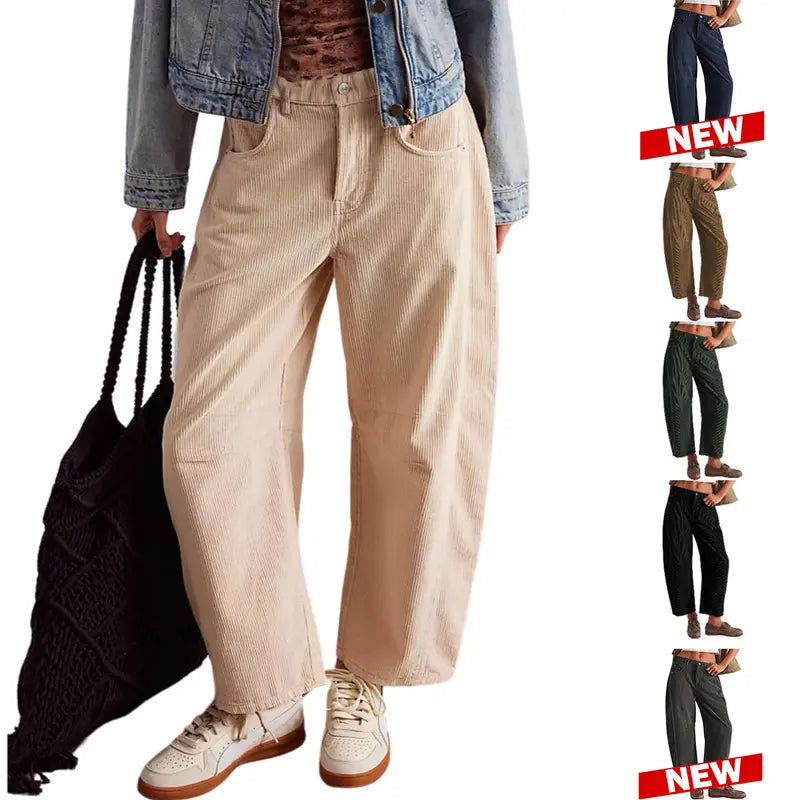 Tanming Women’s High-Waisted Corduroy Barrel-Leg Pants with Pockets