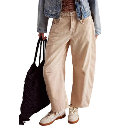 Tanming Women’s High-Waisted Corduroy Barrel-Leg Pants with Pockets