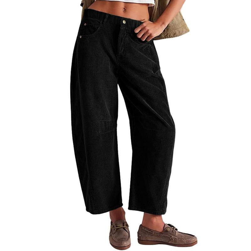 Tanming Women’s High-Waisted Corduroy Barrel-Leg Pants with Pockets