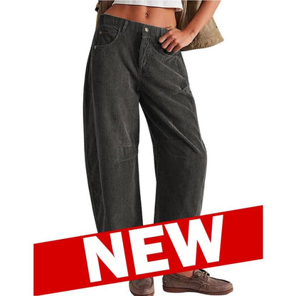 Tanming Women’s High-Waisted Corduroy Barrel-Leg Pants with Pockets