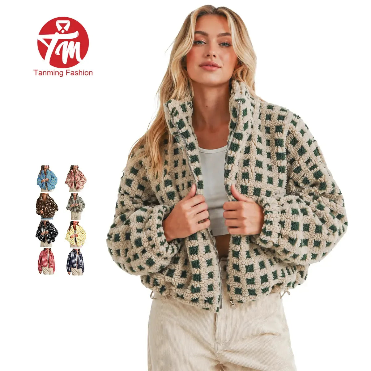 Women's Relaxed Plaid Drawstring Long-Sleeve Fleece Jacket