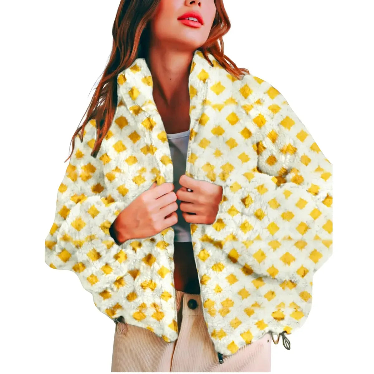 Women's Relaxed Plaid Drawstring Long-Sleeve Fleece Jacket