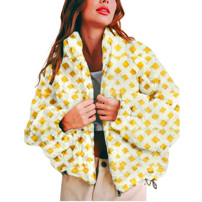 Women's Relaxed Plaid Drawstring Long-Sleeve Fleece Jacket