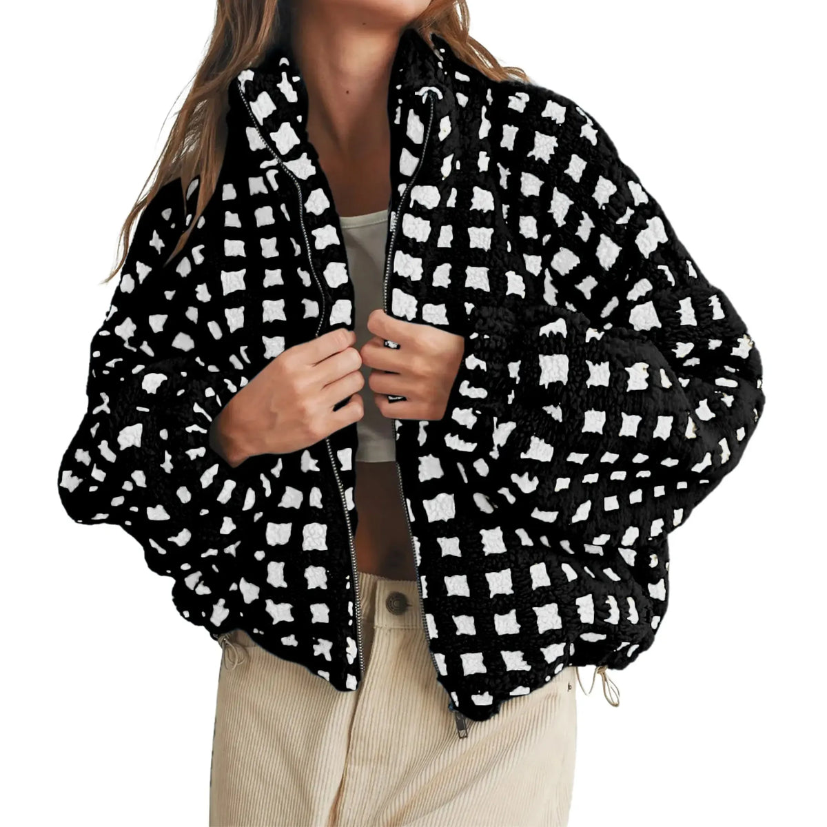 Women's Relaxed Plaid Drawstring Long-Sleeve Fleece Jacket