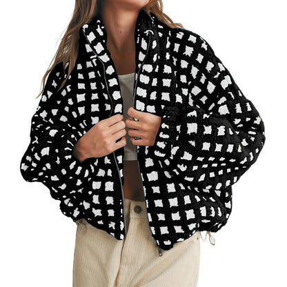 Women's Relaxed Plaid Drawstring Long-Sleeve Fleece Jacket