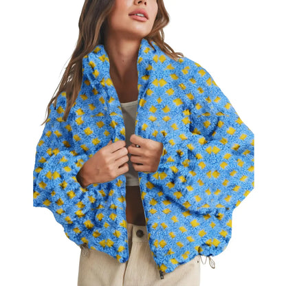 Women's Relaxed Plaid Drawstring Long-Sleeve Fleece Jacket