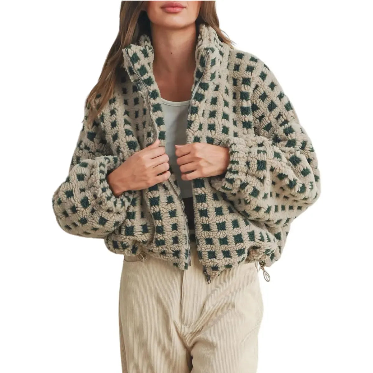 Women's Relaxed Plaid Drawstring Long-Sleeve Fleece Jacket