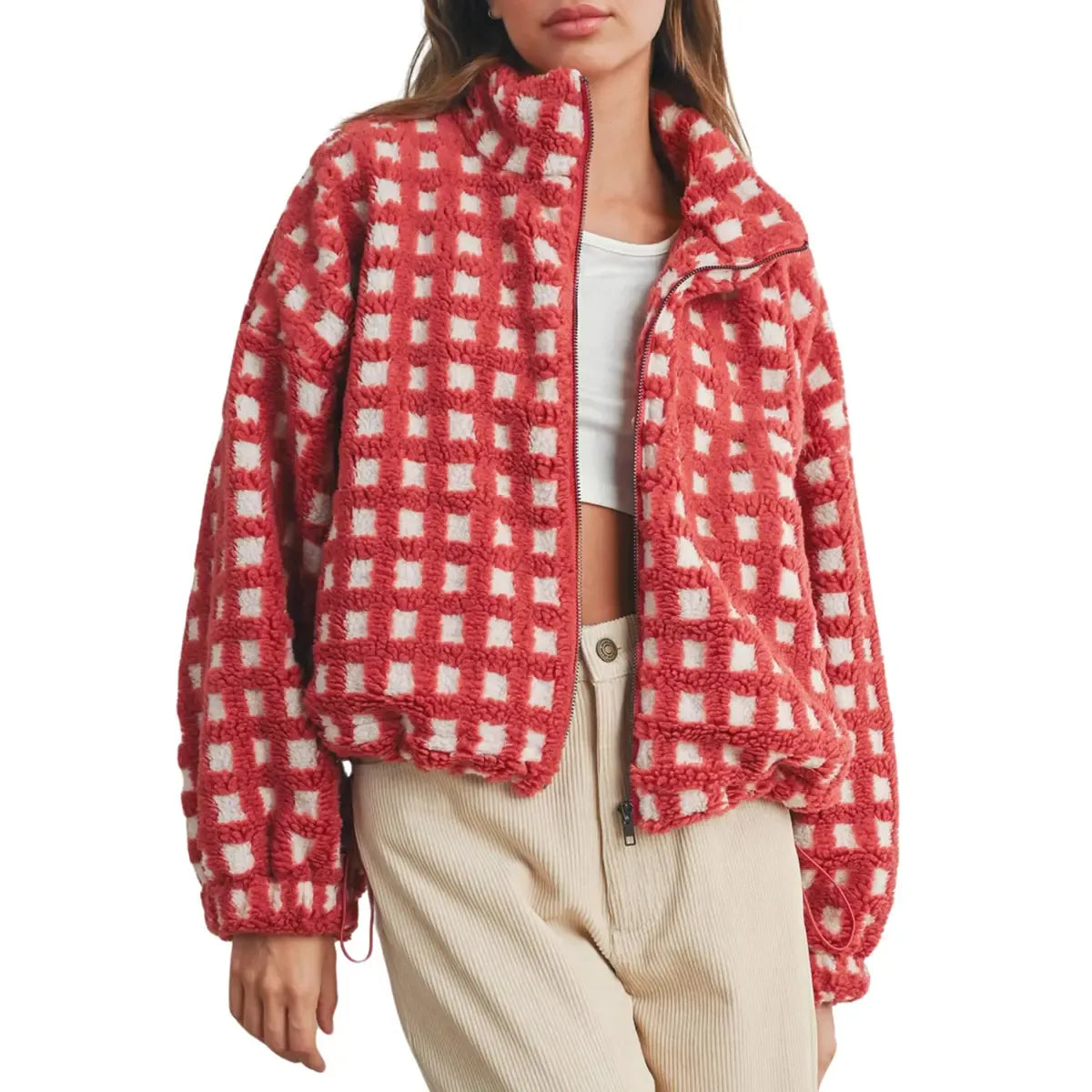 Women's Relaxed Plaid Drawstring Long-Sleeve Fleece Jacket