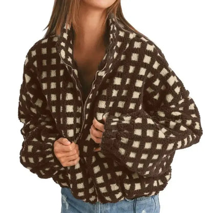 Women's Relaxed Plaid Drawstring Long-Sleeve Fleece Jacket