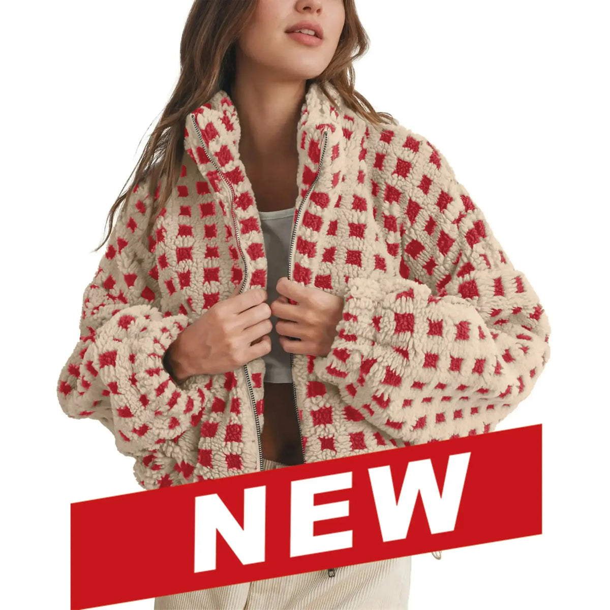 Women's Relaxed Plaid Drawstring Long-Sleeve Fleece Jacket