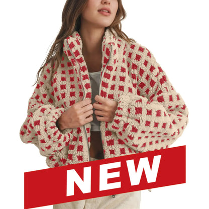 Women's Relaxed Plaid Drawstring Long-Sleeve Fleece Jacket