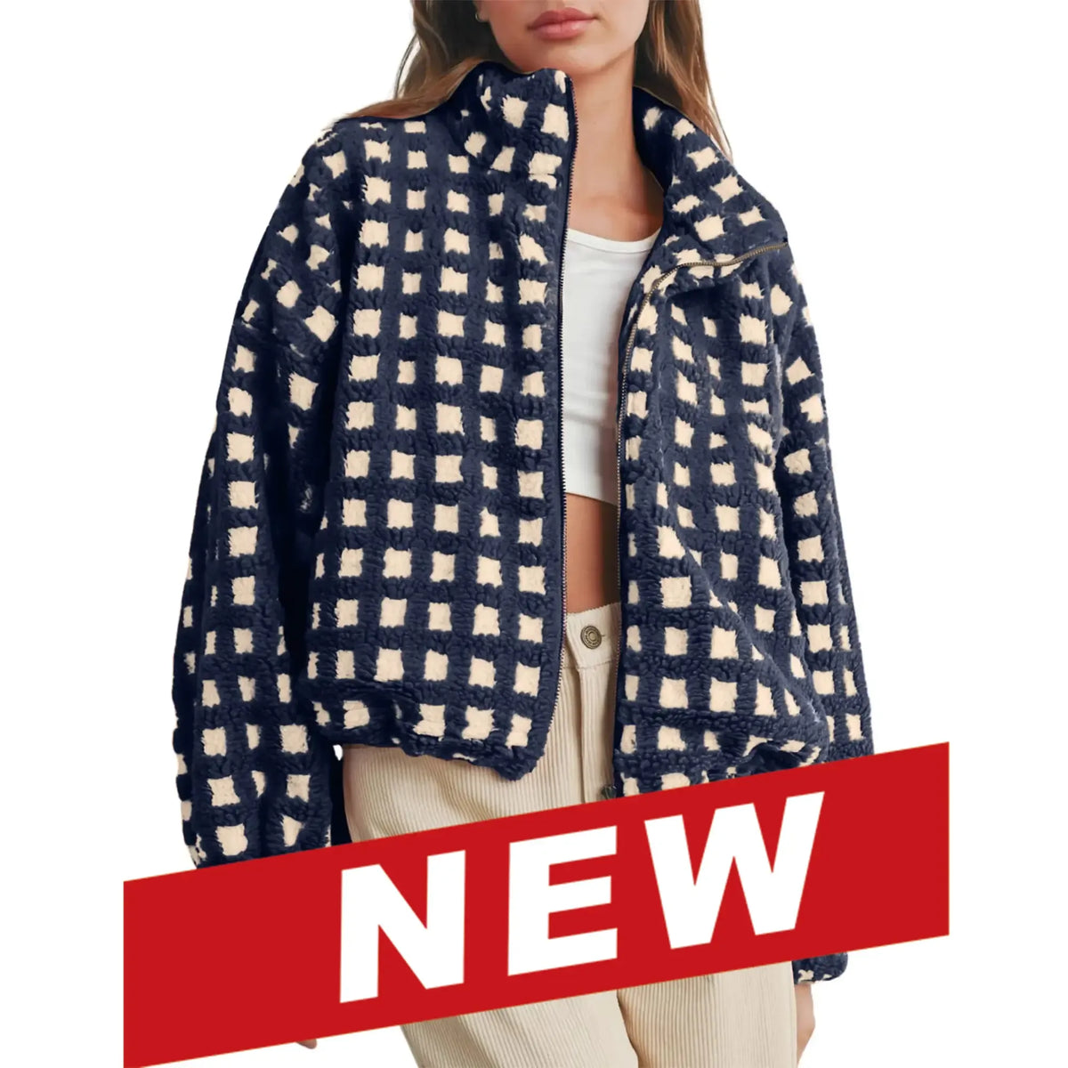 Women's Relaxed Plaid Drawstring Long-Sleeve Fleece Jacket