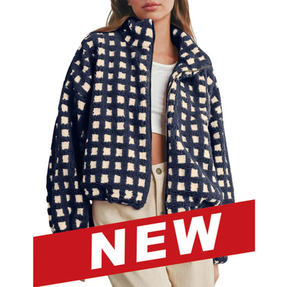Women's Relaxed Plaid Drawstring Long-Sleeve Fleece Jacket