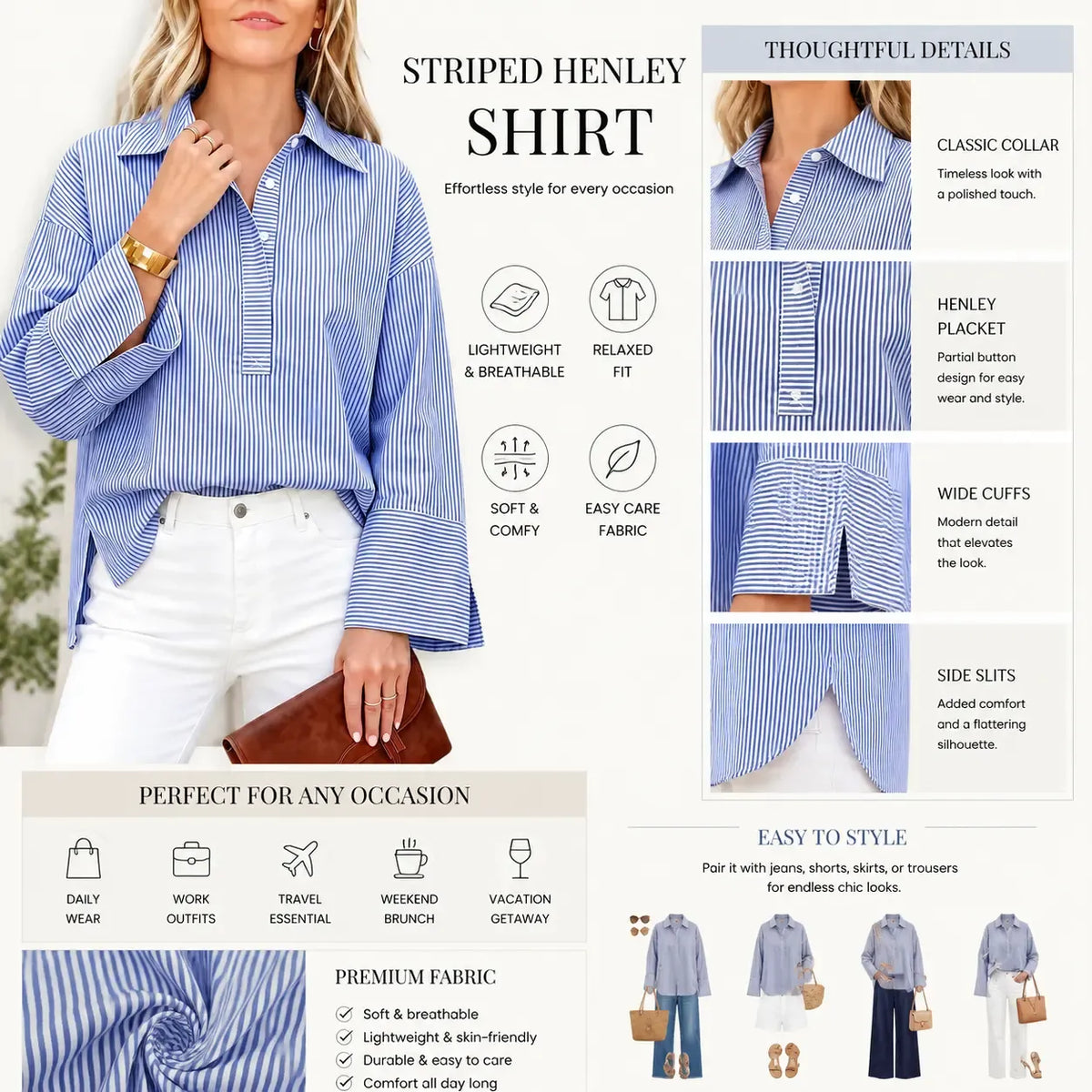 Women's Oversized Striped Cotton Button-Down Long-Sleeve Blouse