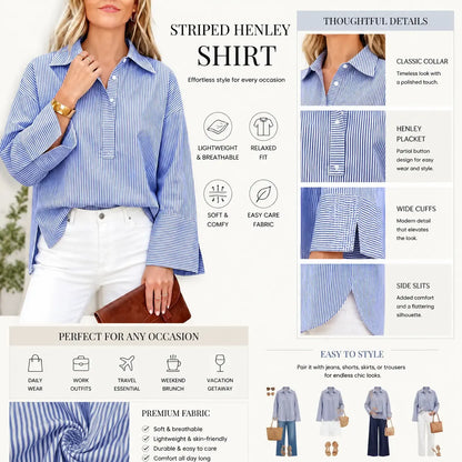 Women's Oversized Striped Cotton Button-Down Long-Sleeve Blouse