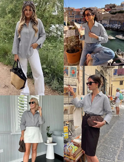 Women's Oversized Striped Cotton Button-Down Long-Sleeve Blouse