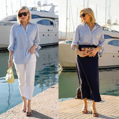 Women's Oversized Striped Cotton Button-Down Long-Sleeve Blouse
