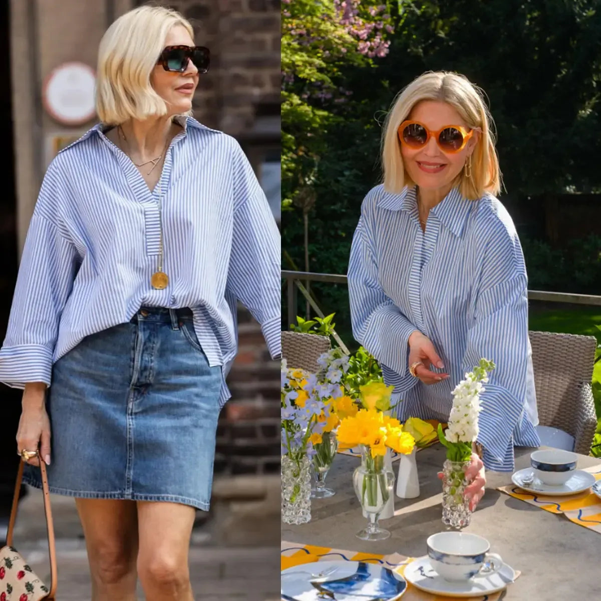 Women's Oversized Striped Cotton Button-Down Long-Sleeve Blouse
