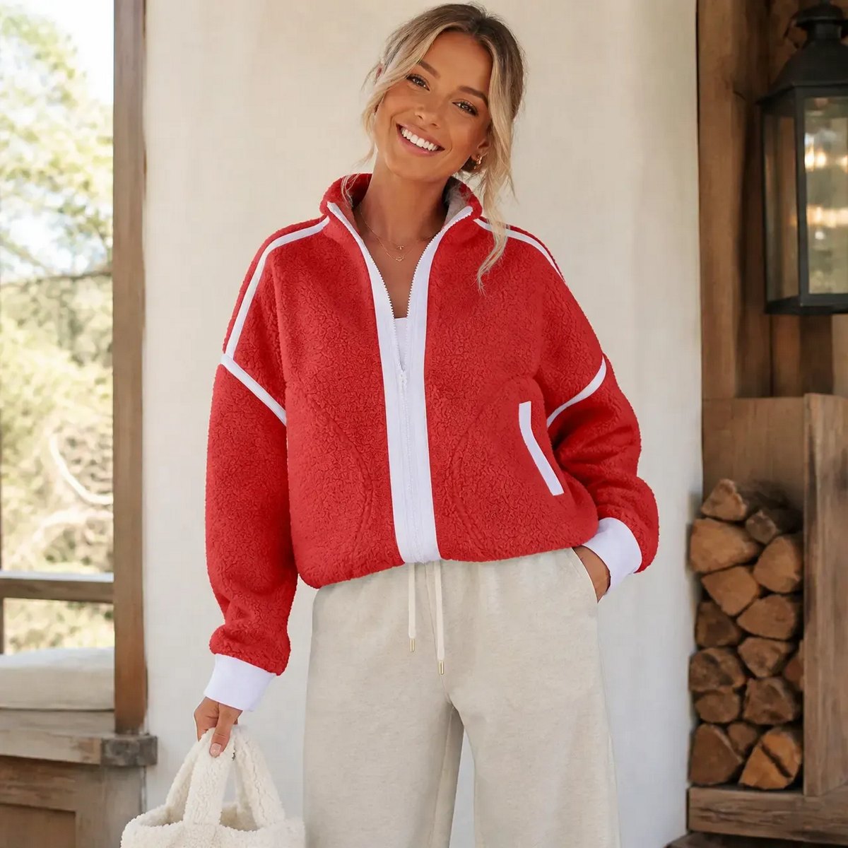 Women's Fleece Zip-Up Sherpa Blend Jacket with Pockets