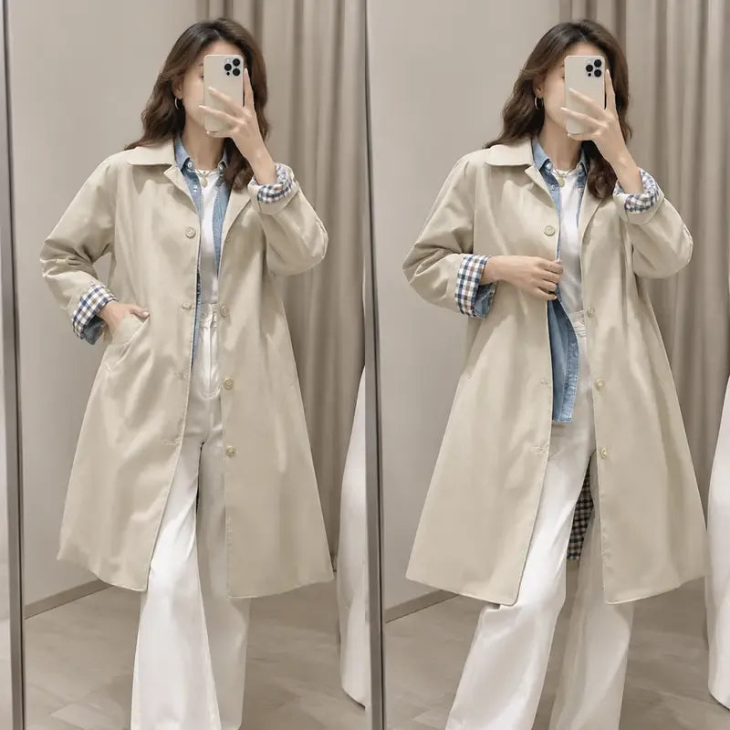 Tanming Women’s Plaid-Lined Single-Breasted Long Trench Coat