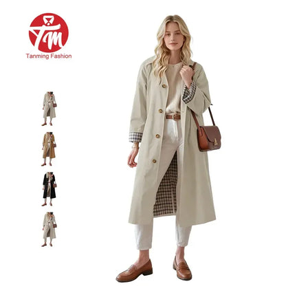 Tanming Women’s Plaid-Lined Single-Breasted Long Trench Coat