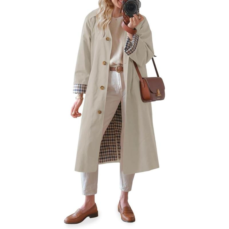 Tanming Women’s Plaid-Lined Single-Breasted Long Trench Coat