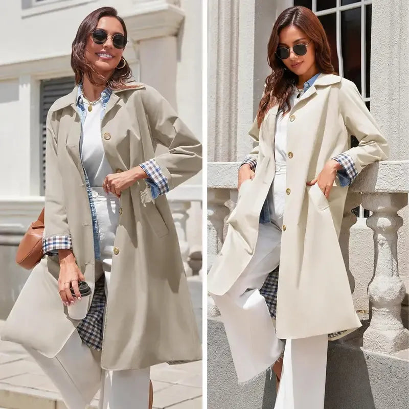 Tanming Women’s Plaid-Lined Single-Breasted Long Trench Coat