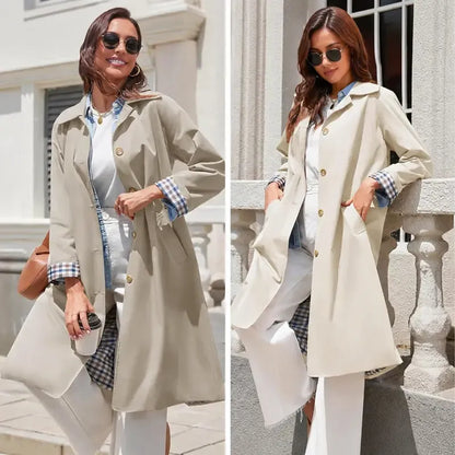 Tanming Women’s Plaid-Lined Single-Breasted Long Trench Coat