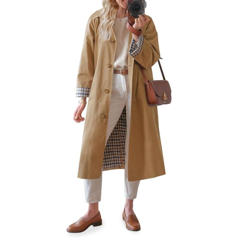 Tanming Women’s Plaid-Lined Single-Breasted Long Trench Coat