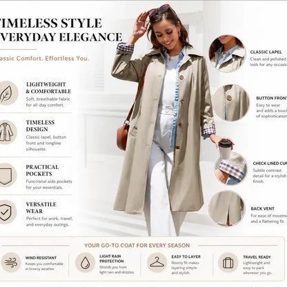 Tanming Women’s Plaid-Lined Single-Breasted Long Trench Coat