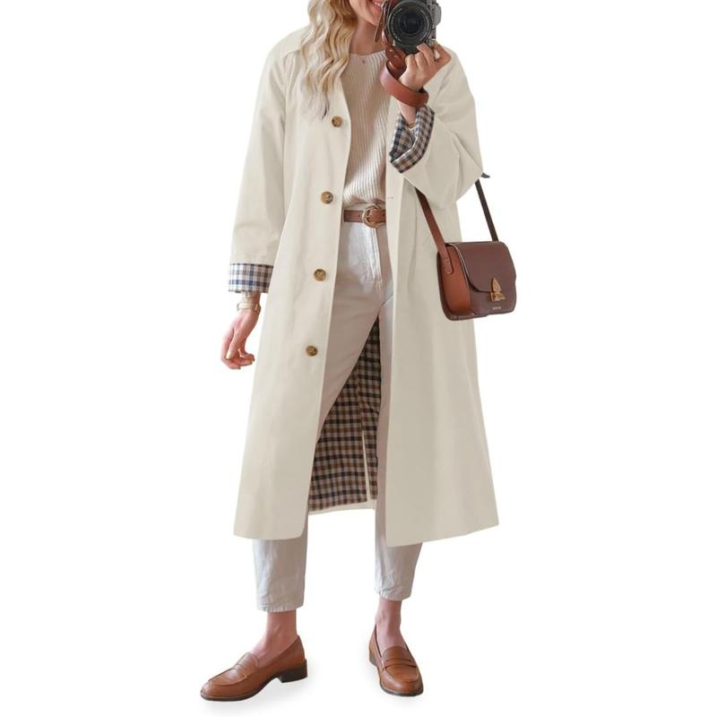 Tanming Women’s Plaid-Lined Single-Breasted Long Trench Coat