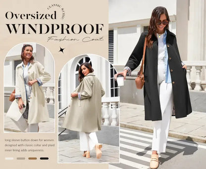 Tanming Women’s Plaid-Lined Single-Breasted Long Trench Coat