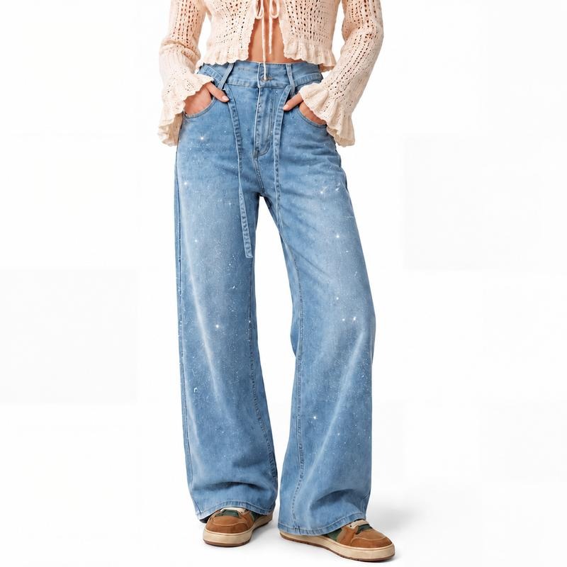 Tanming Women’s High-Waisted Rhinestone Wide-Leg Jeans with Tie Belt