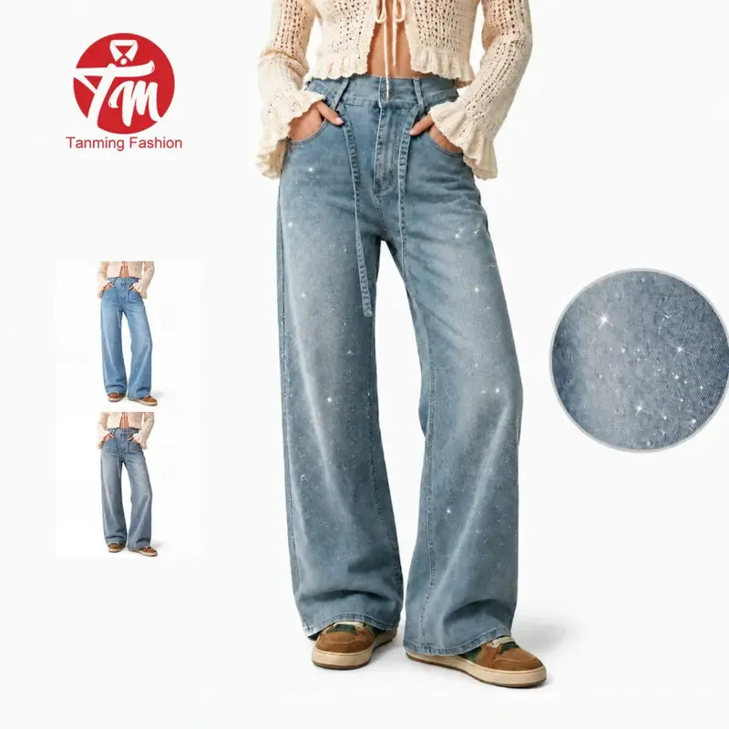 Tanming Women’s High-Waisted Rhinestone Wide-Leg Jeans with Tie Belt