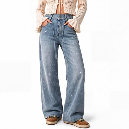 Tanming Women’s High-Waisted Rhinestone Wide-Leg Jeans with Tie Belt