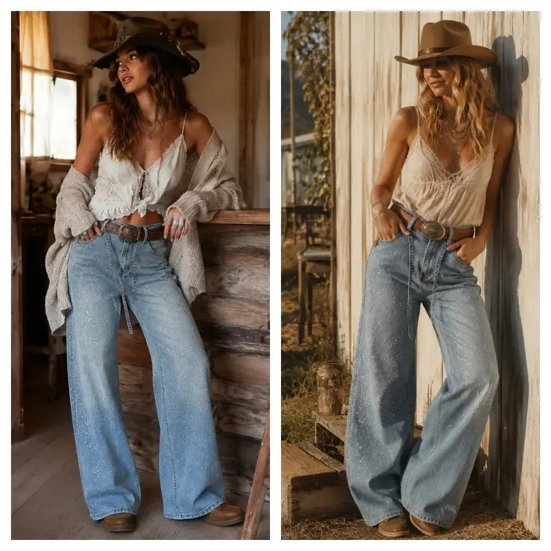 Tanming Women’s High-Waisted Rhinestone Wide-Leg Jeans with Tie Belt