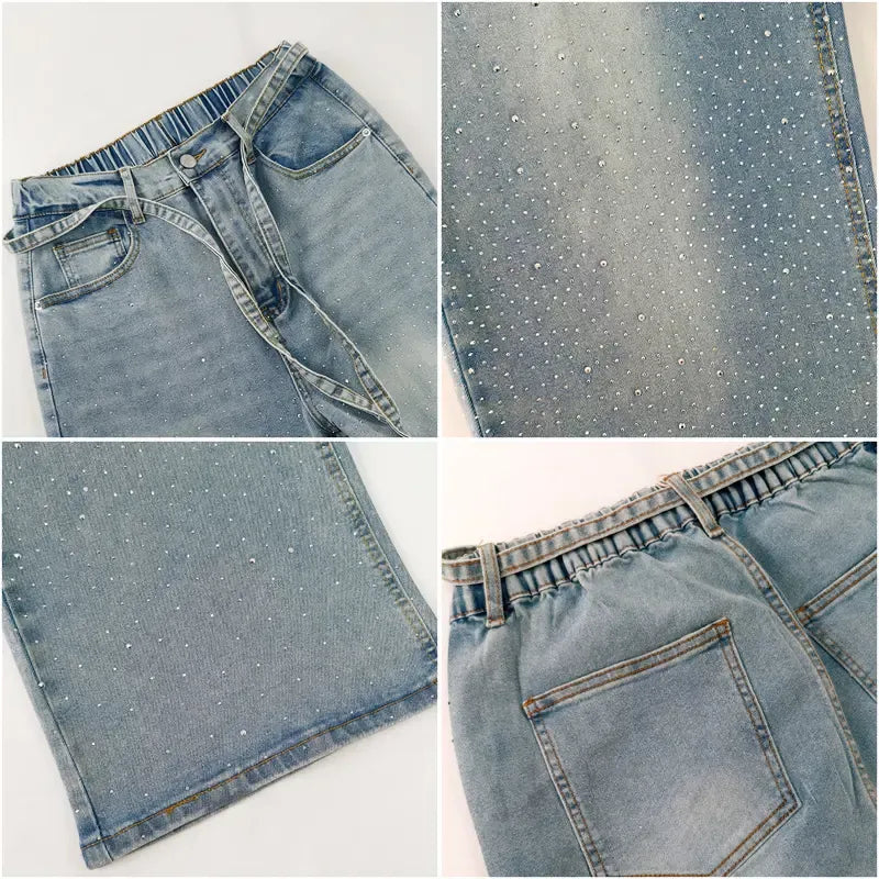 Tanming Women’s High-Waisted Rhinestone Wide-Leg Jeans with Tie Belt