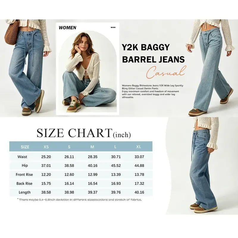 Tanming Women’s High-Waisted Rhinestone Wide-Leg Jeans with Tie Belt