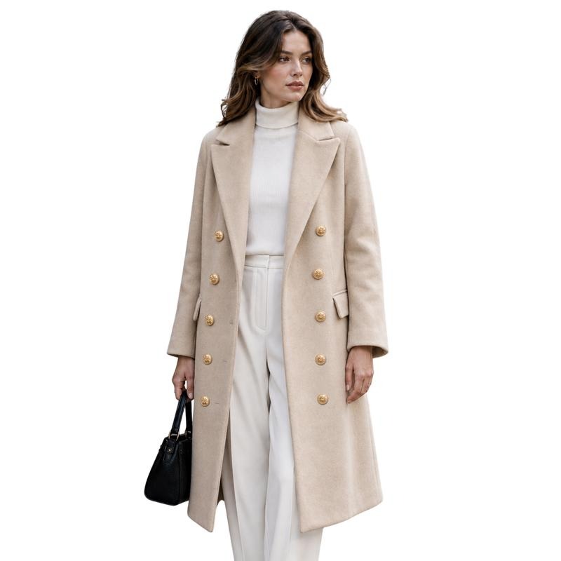 Tanming Women’s Gold Button Double-Breasted Wool Blend Long Coat