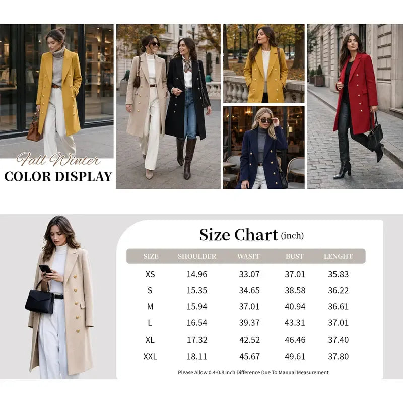 Tanming Women’s Gold Button Double-Breasted Wool Blend Long Coat