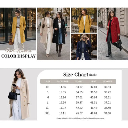Tanming Women’s Gold Button Double-Breasted Wool Blend Long Coat