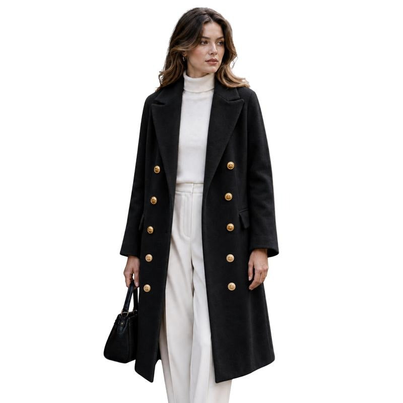 Tanming Women’s Gold Button Double-Breasted Wool Blend Long Coat