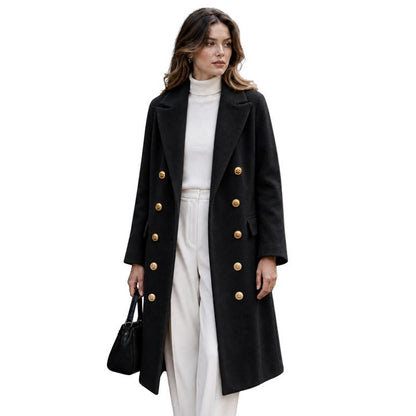 Tanming Women’s Gold Button Double-Breasted Wool Blend Long Coat