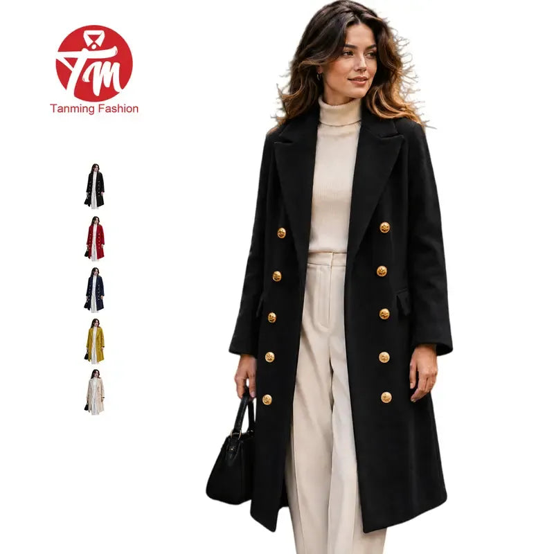 Tanming Women’s Gold Button Double-Breasted Wool Blend Long Coat